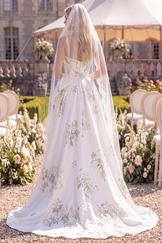 White Green Flower A Line Sweep Train Beaded Beach Wedding Dress with Veils