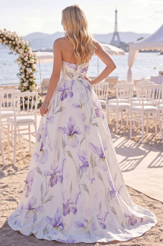 White Purple Flower A Line Sweep Train Ruched Beach Wedding Dress with Slit