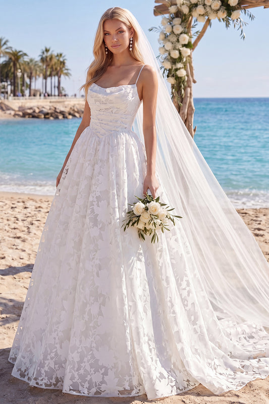White Lace A Line Sweep Train Floral Ruched Beach Wedding Dress with Veils