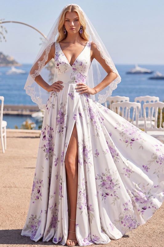 V-Neck White Purple Flower A Line Sweep Train Beach Wedding Dress with Veils