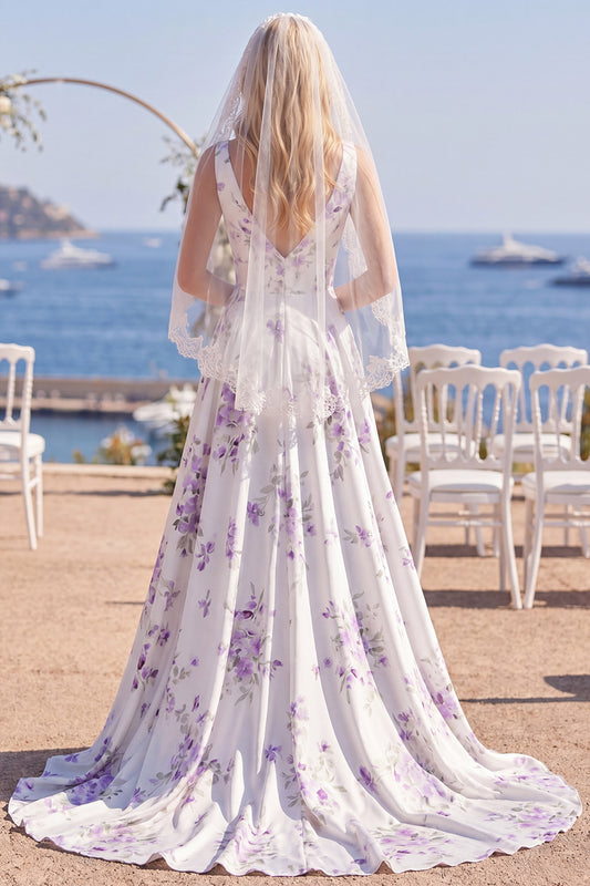 V-Neck White Purple Flower A Line Sweep Train Beach Wedding Dress with Veils