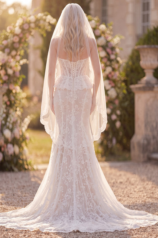 Corset White Lace Mermaid Floral Ruffled Sweep Train Boho Wedding Dress with Veils