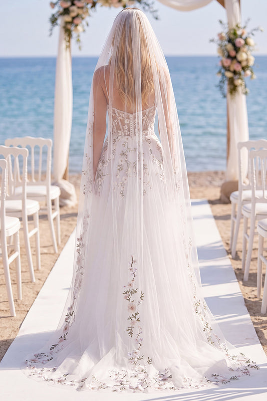White Pink Flower Embroidered Tulle A Line Corset Sweep Train Wedding Dress with Veils