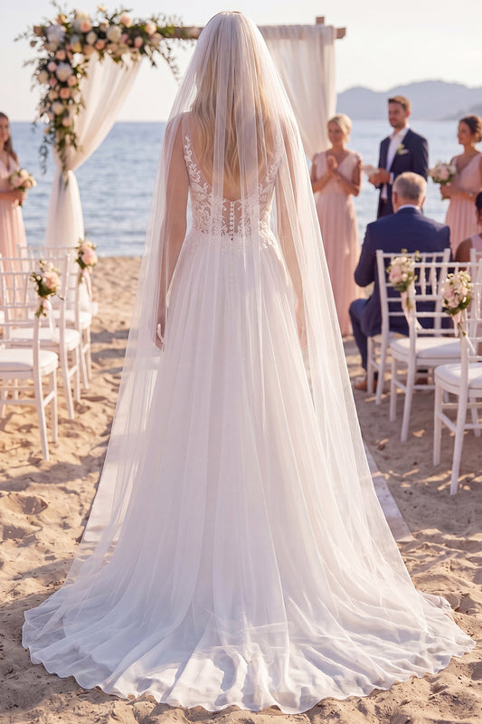White Floral Chiffon A Line Sweep Train V-Neck Keyhole Beach Wedding Dress with Veils