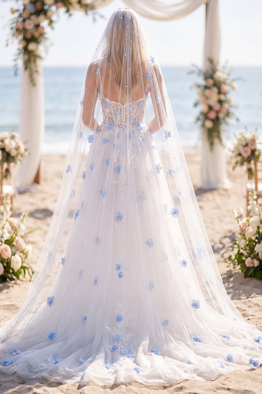 White Blue Flower A Line Beaded Corset Sweep Train Wedding Dress with Veils