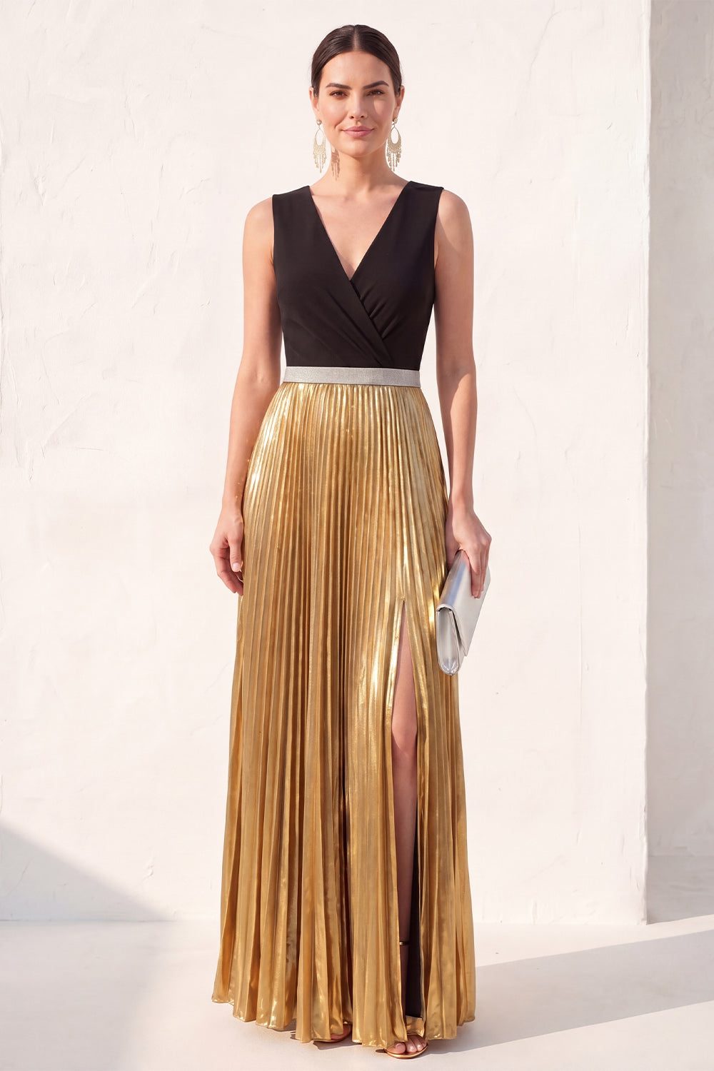Zapakasa Women Black Golden Long Metallic Formal Dress with Slit Pleated  V-Neck A Line Evening Dress