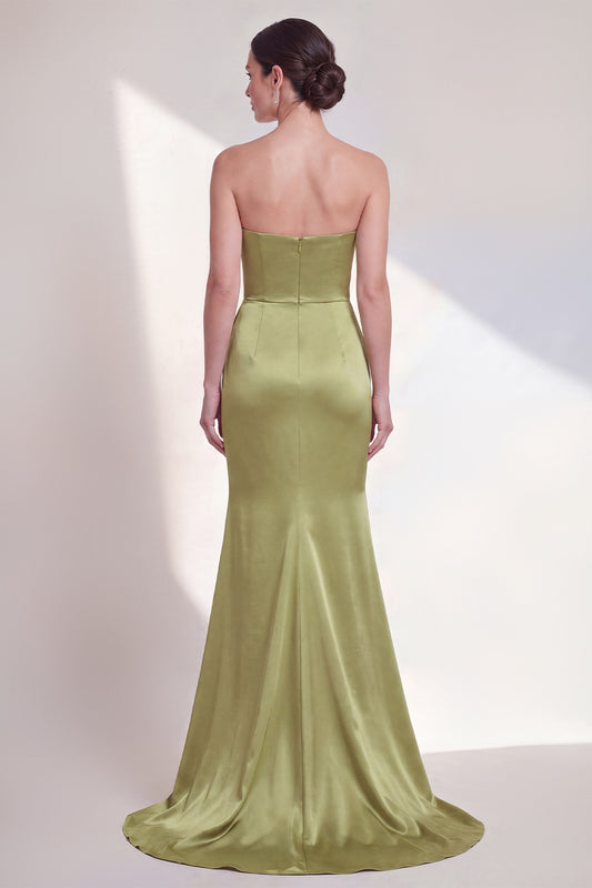 Long Mermaid Ruched Green Strapless Formal Dress with Ruffles