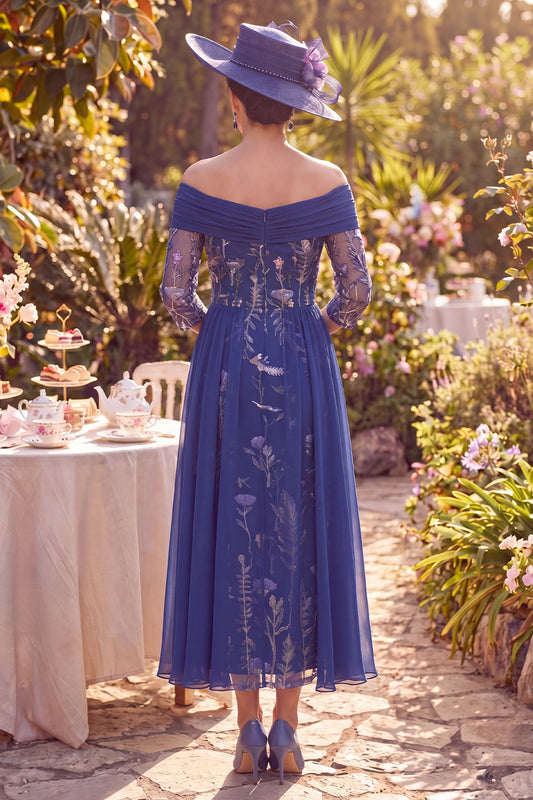 Navy Sheath Long Floral 3/4 Sleeves Mother of the Bride Dress with Cape