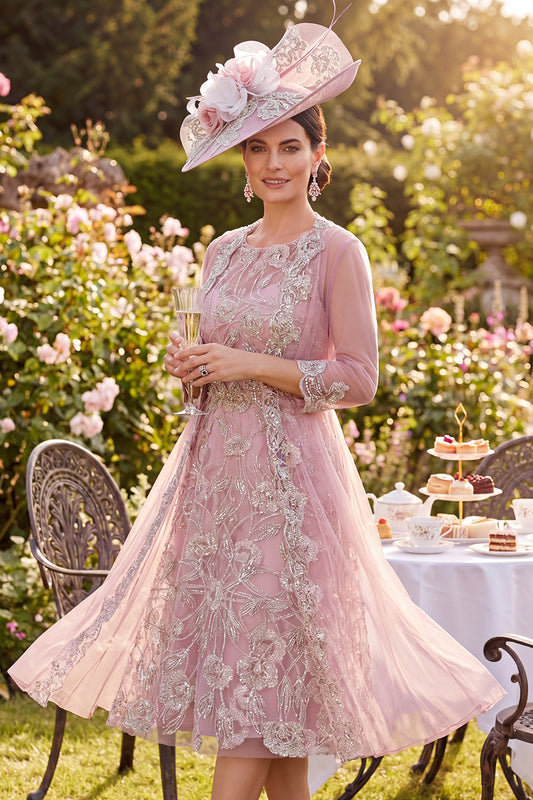 Sparkly Blush Midi A Line Round Neck Beaded Floral Mother of the Bride Dress