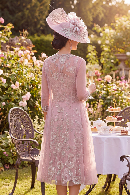 Sparkly Blush Midi A Line Round Neck Beaded Floral Mother of the Bride Dress