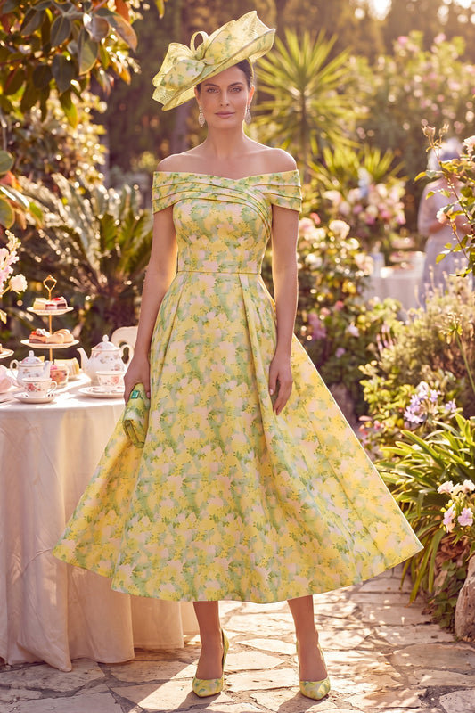 A Line Maxi Butter Yellow Floral Off the Shoulder Mother of the Bride Dress