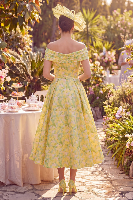 A Line Maxi Butter Yellow Floral Off the Shoulder Mother of the Bride Dress