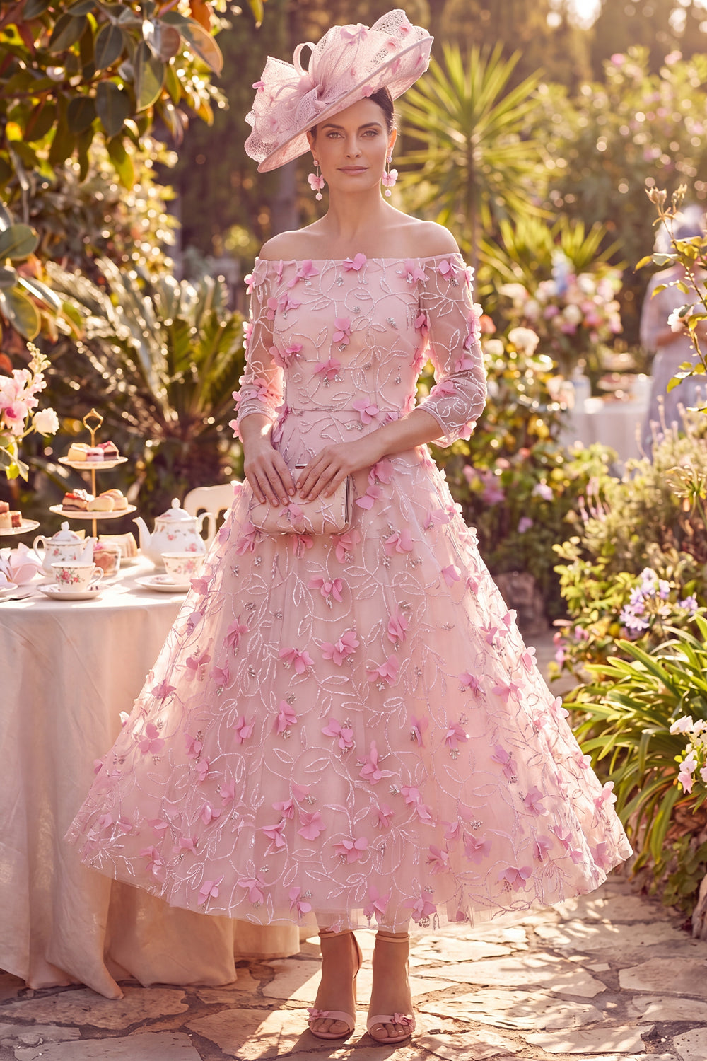 Pink Beaded Long A Line Off the Shoulder Floral Mother of the Bride Dress