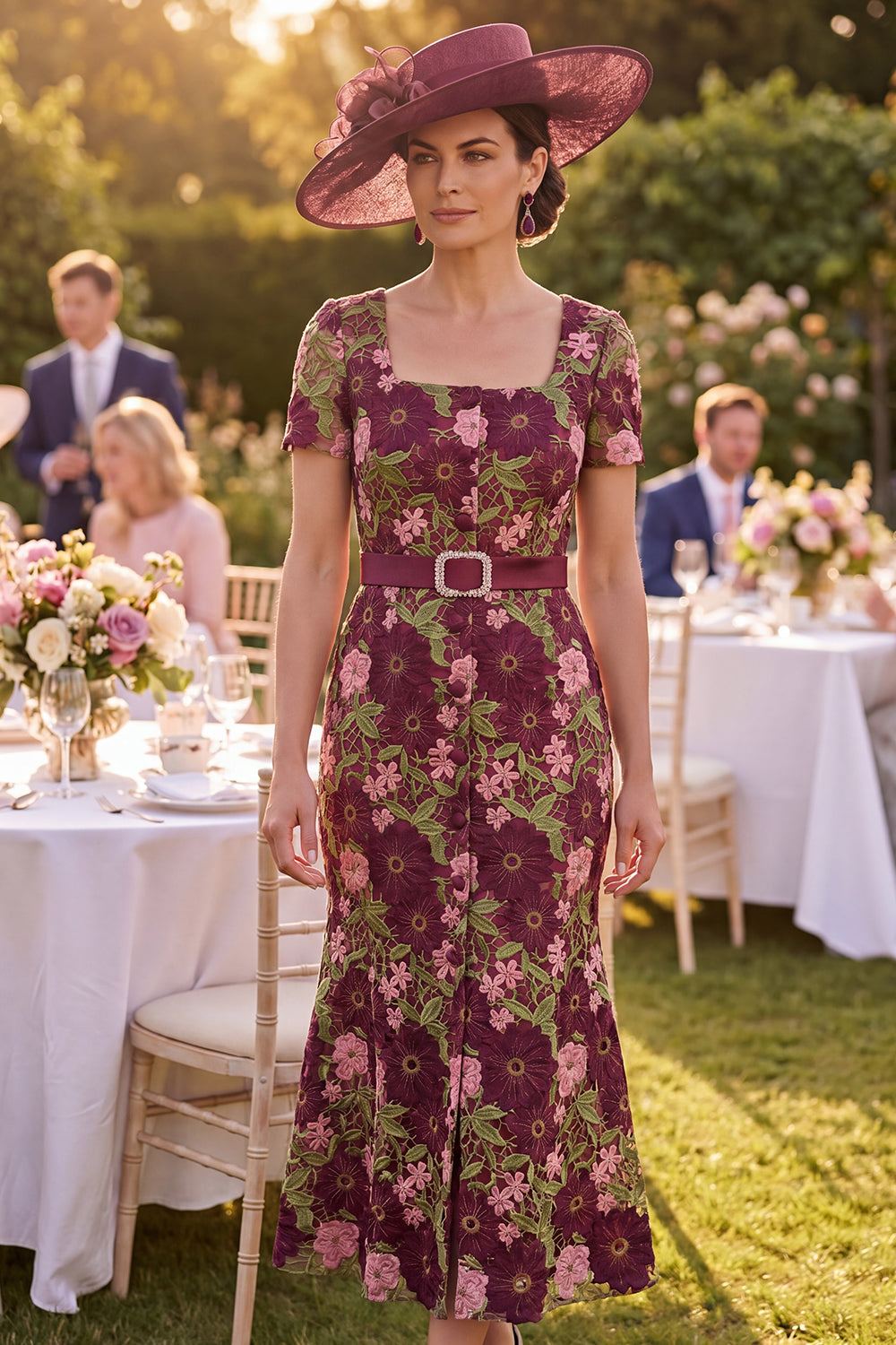 Mermaid Maxi Burgundy Floral Square Neck Mother of the Bride Dress with Belt