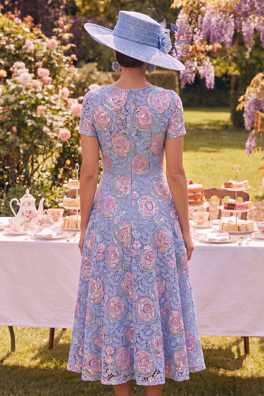 Sparkly Blue Maxi A Line Boat Neck Beaded Floral Mother of the Bride Dress