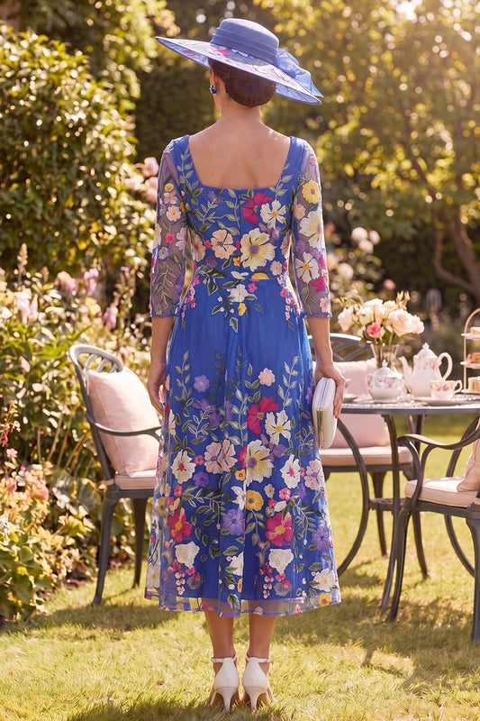 Royal Blue A Line Maxi Floral Square Neck Mother of the Bride Dress