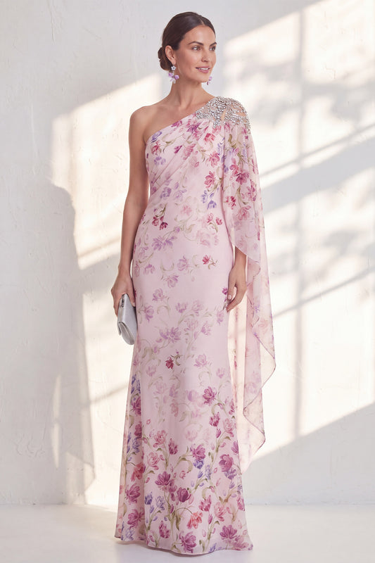 Lilac Mermaid Long Floral Beaded Mother of the Bride Dress with Side Cape