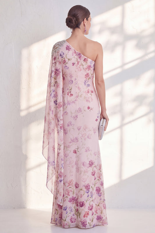 Lilac Mermaid Long Floral Beaded Mother of the Bride Dress with Side Cape
