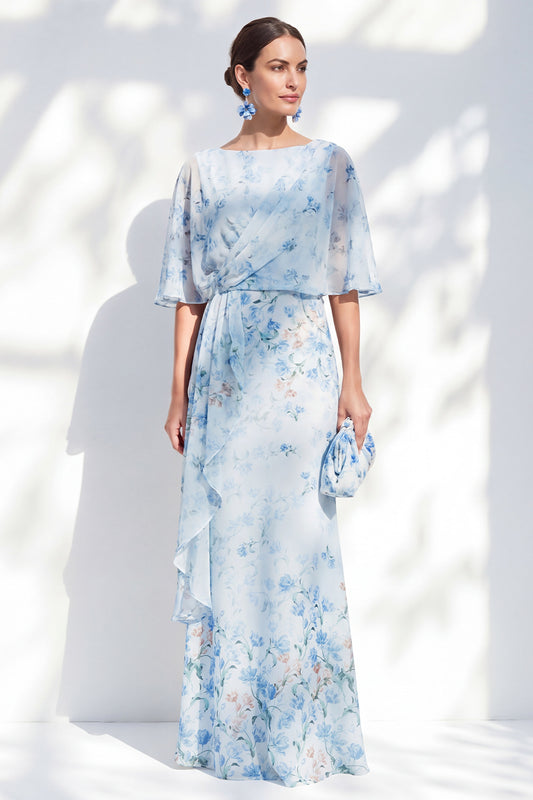 Blue Long Floral Mother of the Bride Dress with Ruffles Sheath Boat Neck Half Sleeves Ruched Wedding Guest Dress