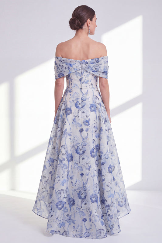 Blue Floral A Line Long Off the Shoulder Mother of the Bride Dress