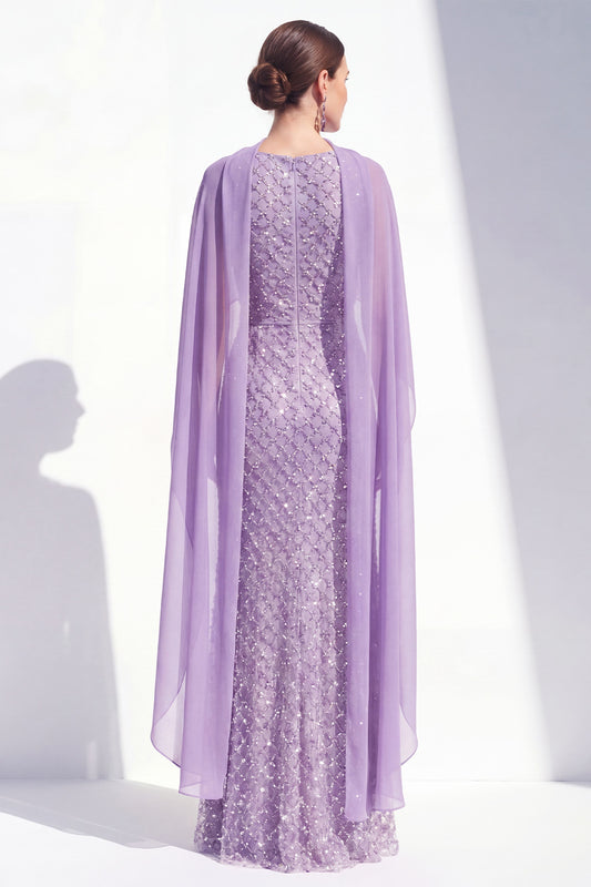 Sparkly Purple Mermaid Long Beaded Mother of the Bride Dress with Cape
