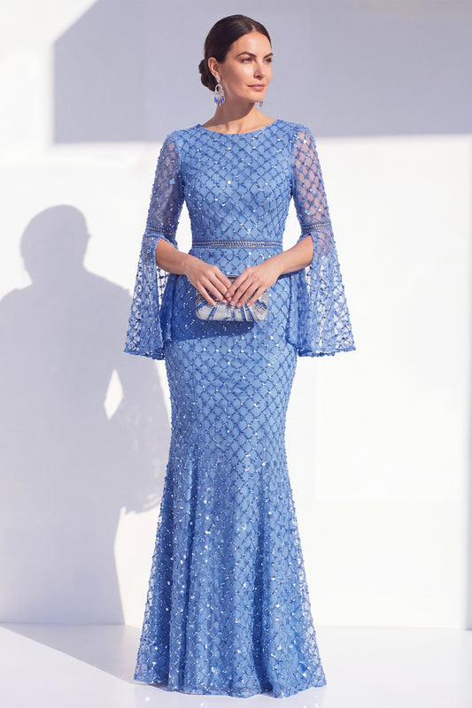 Sparkly Blue Boat Neck Mermaid Long Beaded Mother of the Bride Dress with Sleeves