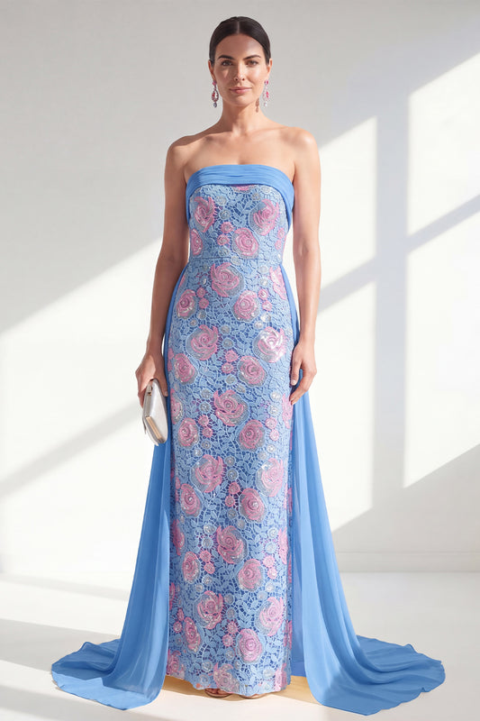 Strapless Floral Lace Sparkly Blue Sheath Long Beaded Mother of the Bride Dress with Cape