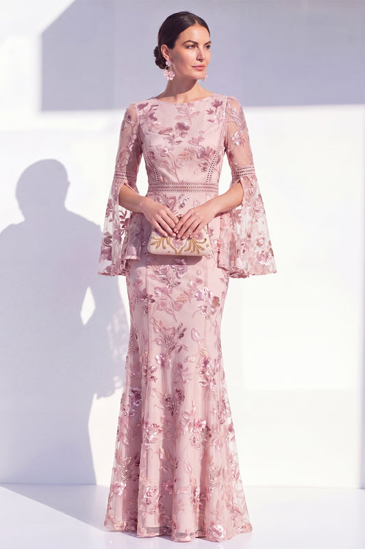 Floral Blush Boat Neck Mermaid Long Beaded Mother of the Bride Dress