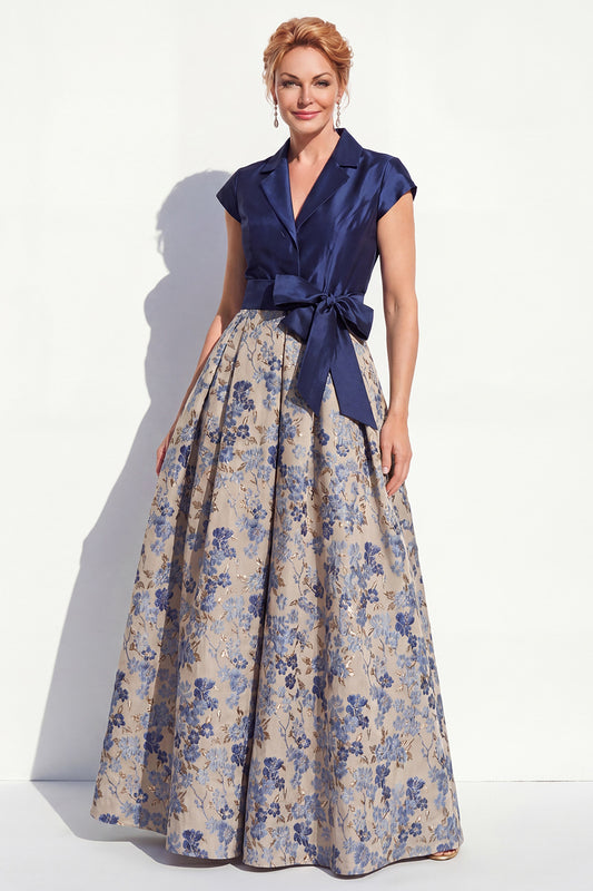Navy Long Jacquard A Line Floral Mother of the Bride Dress with Bow