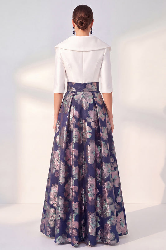 Long 3/4 Sleeves Floral Navy Jacquard A Line Mother of the Bride Dress