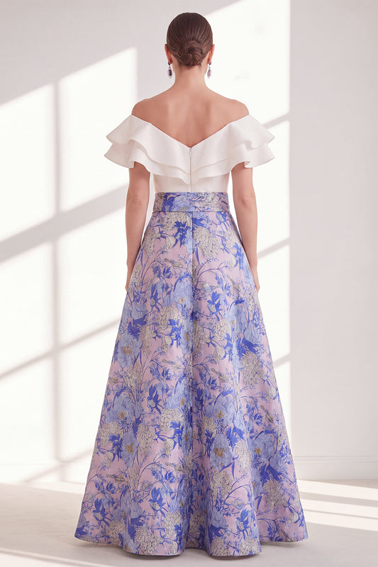 Pink Blue Flower Long A Line Mother of the Bride Dress with Ruffles