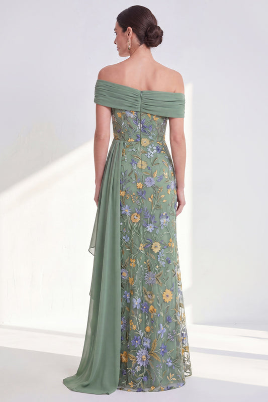 Mermaid Ruffled Green Floral Long Mother of the Bride Dress with Side Cape