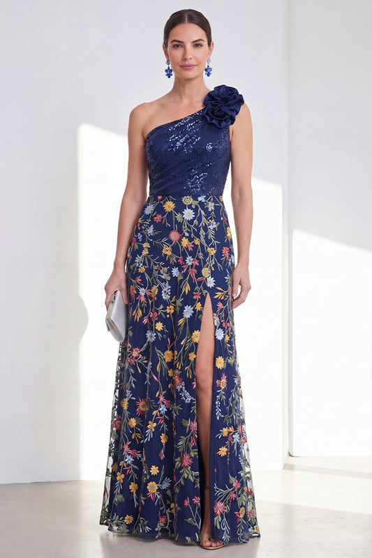 A Line Sparkly Navy Floral Long Mother of the Bride Dress with Slit