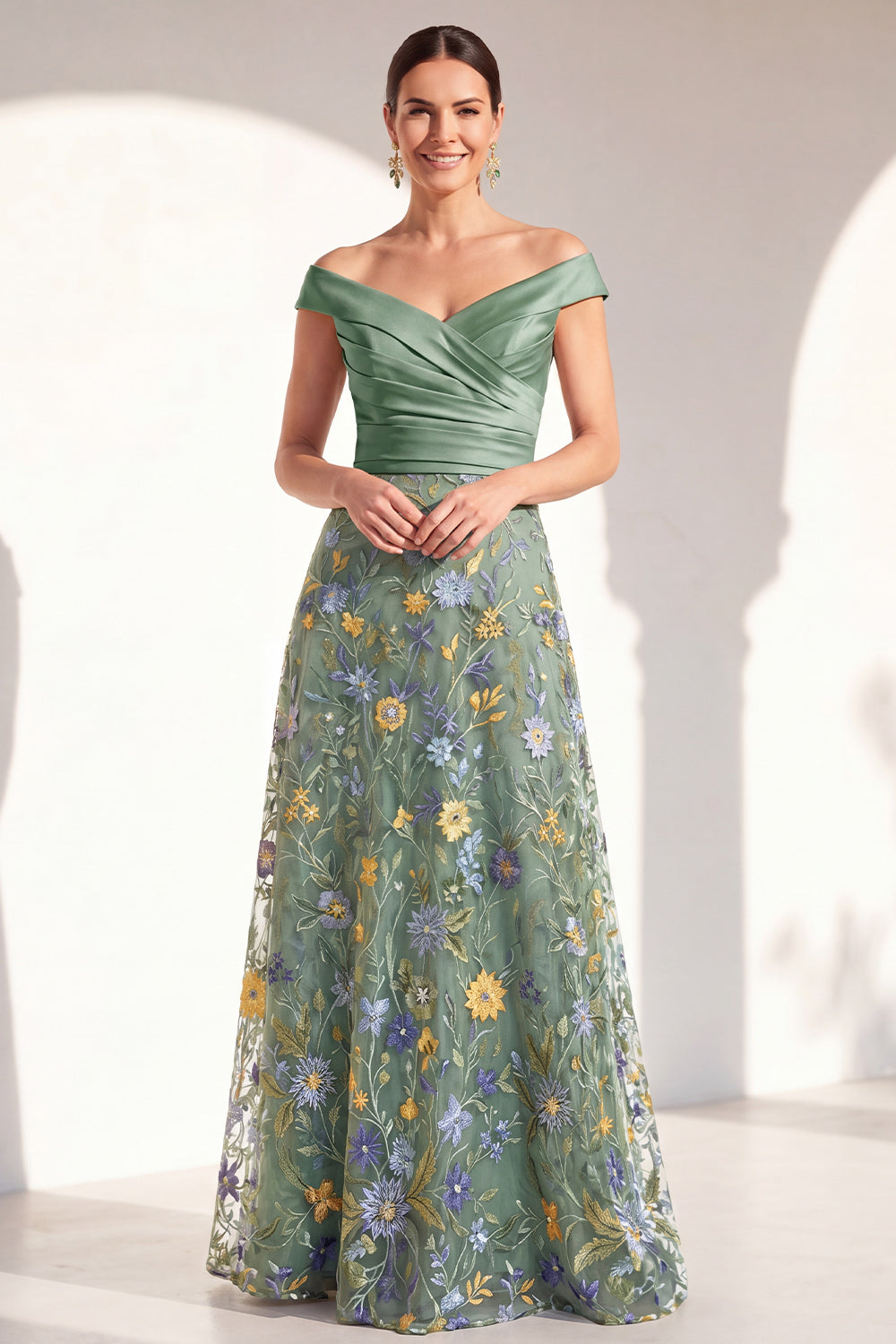 Zapakasa Women Green Long Floral Mother of the Bride Dress Ruched Off the Shoulder Wedding Guest Dress Zapakasa Women Green Long Floral Mother of the Bride Dress Ruched Off the Shoulder Wedding Guest Dress