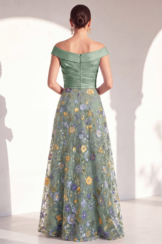Off the Shoulder Green Floral Ruched Long Mother of the Bride Dress