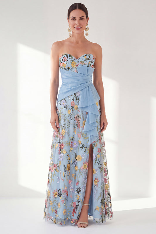 Blue Floral Strapless Long A Line Mother of the Bride Dress with Slit