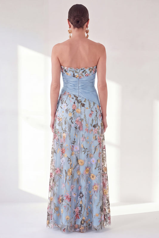 Blue Floral Strapless Long A Line Mother of the Bride Dress with Slit