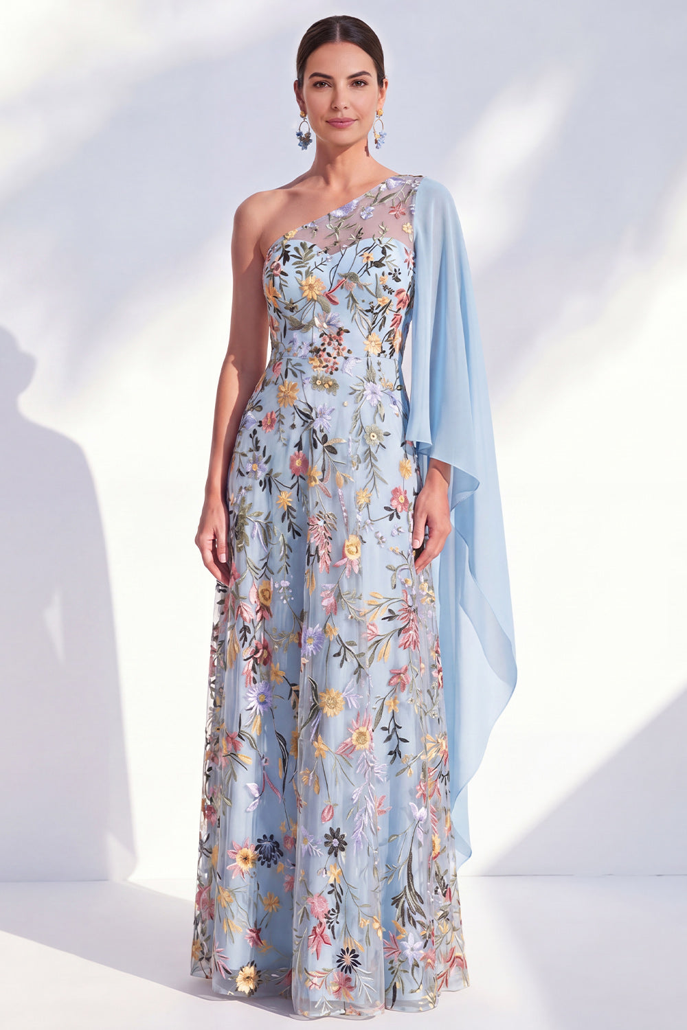 Zapaka Women Blue A-Line Mother Of the Bride Dress with Side Cape One Shoulder Floral Embroidered Long Wedding Guest Dress, Blue / US24W