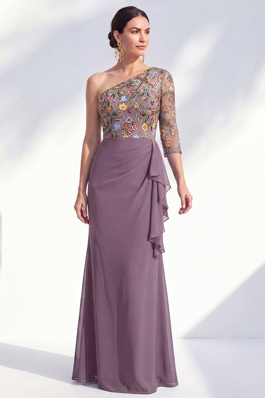 Grey Purple Ruched Mermaid Floral Long Mother of the Bride Dress with Ruffles