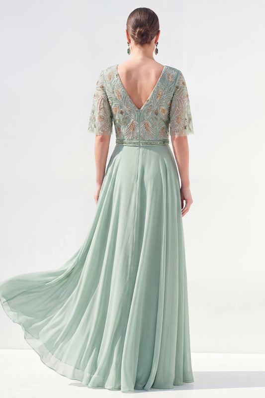 V-Neck Green Beaded Long Mother of the Bride Dress with Sleeves
