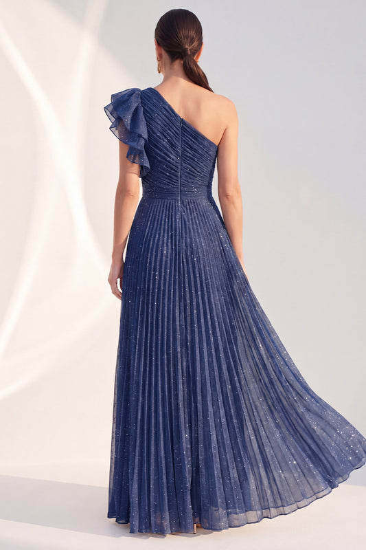 Navy A Line Ruffled Glitter Long Mother of the Bride Dress with Pleats