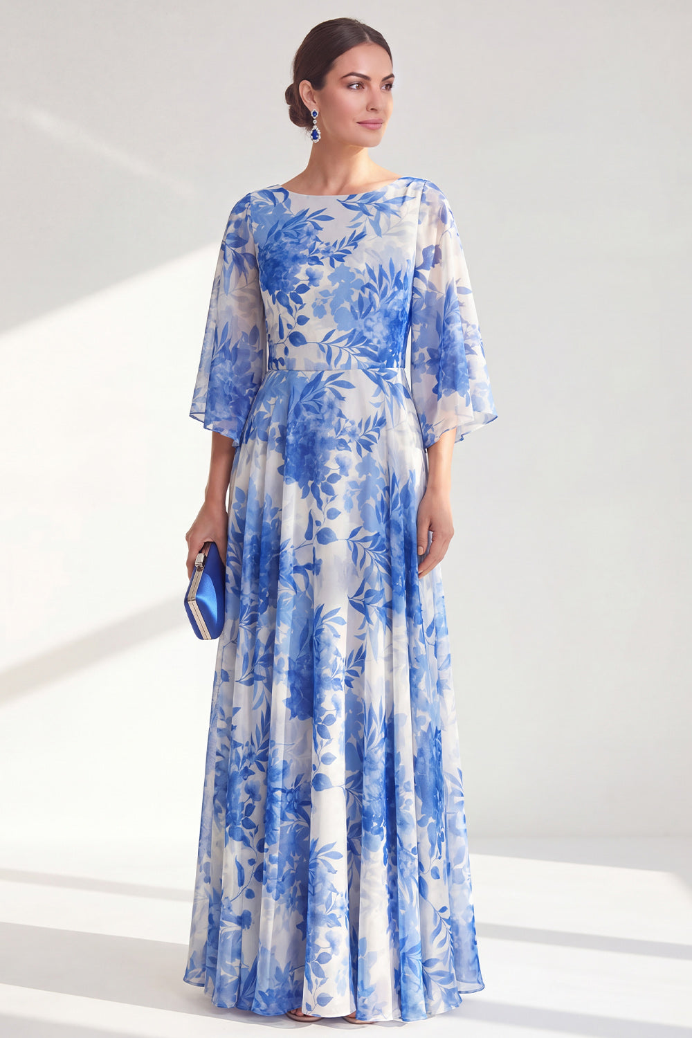 Zapaka Women Red A-Line Mother Of the Bride Dress with 3/4 Sleeves Bateau Neck Chiffon Floral Long Wedding Guest Dress, Blue / US16