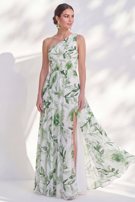 Green A Line Ruched Floral Long Mother of the Bride Dress with Slit