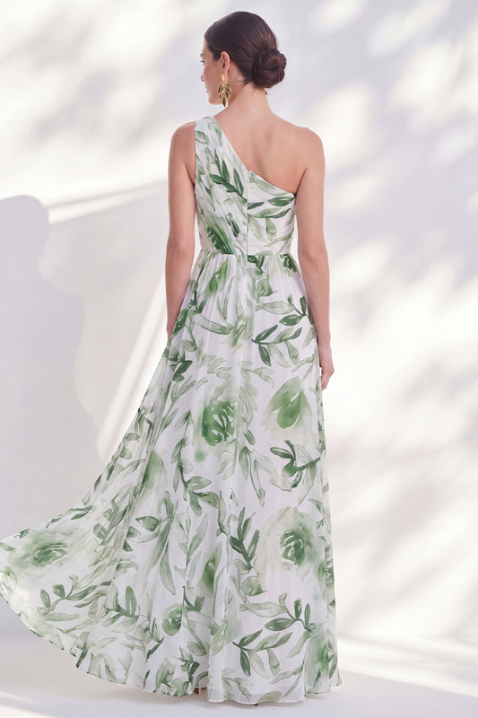 Green A Line Ruched Floral Long Mother of the Bride Dress with Slit
