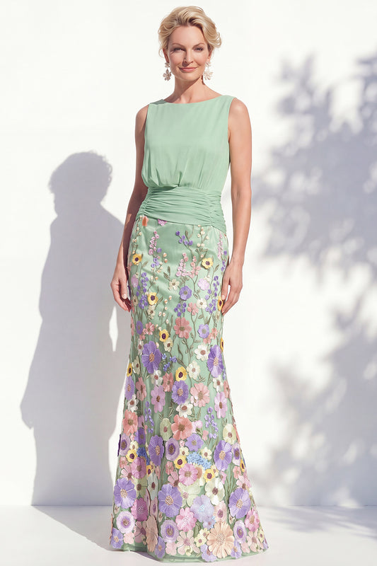 Green Long Floral Boat Neck Ruched Mermaid Mother of the Bride Dress