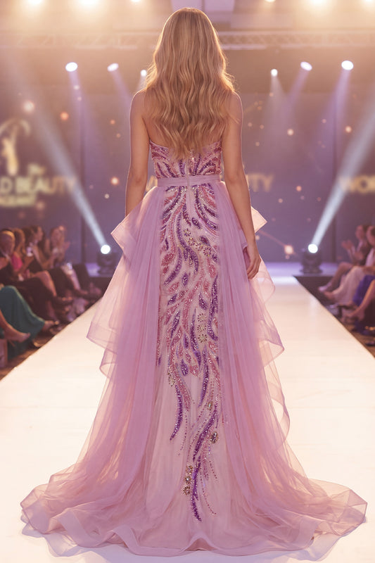 Sparkly Grey Purple Mermaid Long Beaded Ruffled Pageant Dress with Cape