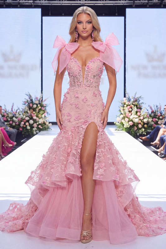 V-Neck Mermaid Long Beaded Floral Pink Ruffled Pageant Dress with Bows