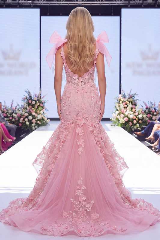V-Neck Mermaid Long Beaded Floral Pink Ruffled Pageant Dress with Bows