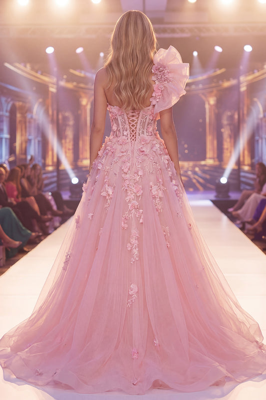 Corset Mermaid Long Beaded Floral Pink Ruffled Pageant Dress with Cape