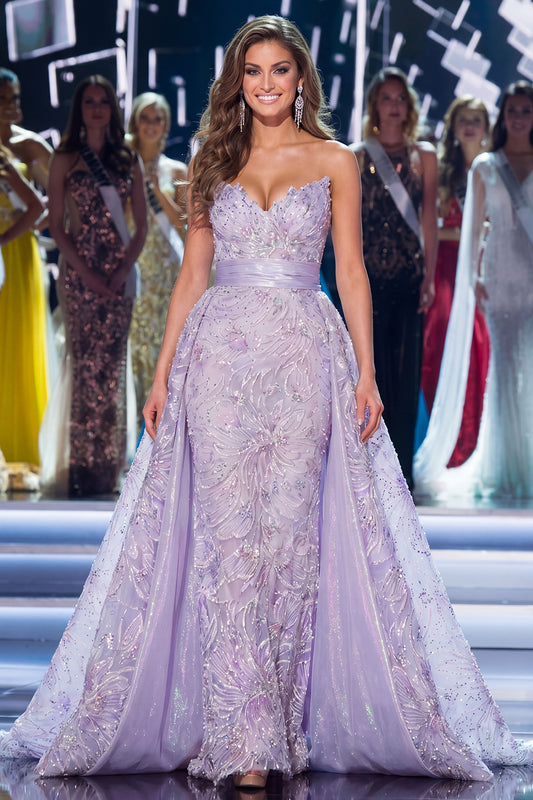 Sparkly Lilac Strapless Floral Mermaid Long Beaded Pageant Dress with Cape